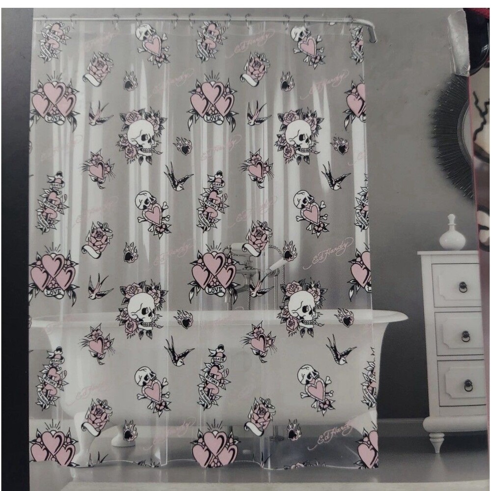 Ed Hardy Love Skull Shower Curtain Liner 72x72 Tattoo Hearts PEVA New
